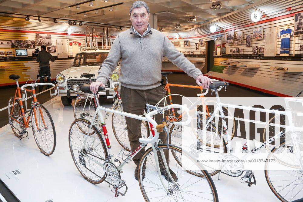 - BRUSSELS, BELGIUM: Famous former cycling champion Eddy Merckx poses for the photographer with some of his old bikes after the press opening of the exhibition on cycling legend Edd Merckx and racing legend Jacky Ickx at the occasion of their seventieth birthdays, Wednesday 03 December 2014. The exhibition at teh Atomium square in Brussels will be open from 6 December to 21 June 2015. BRUNOxFAHY x04513823x