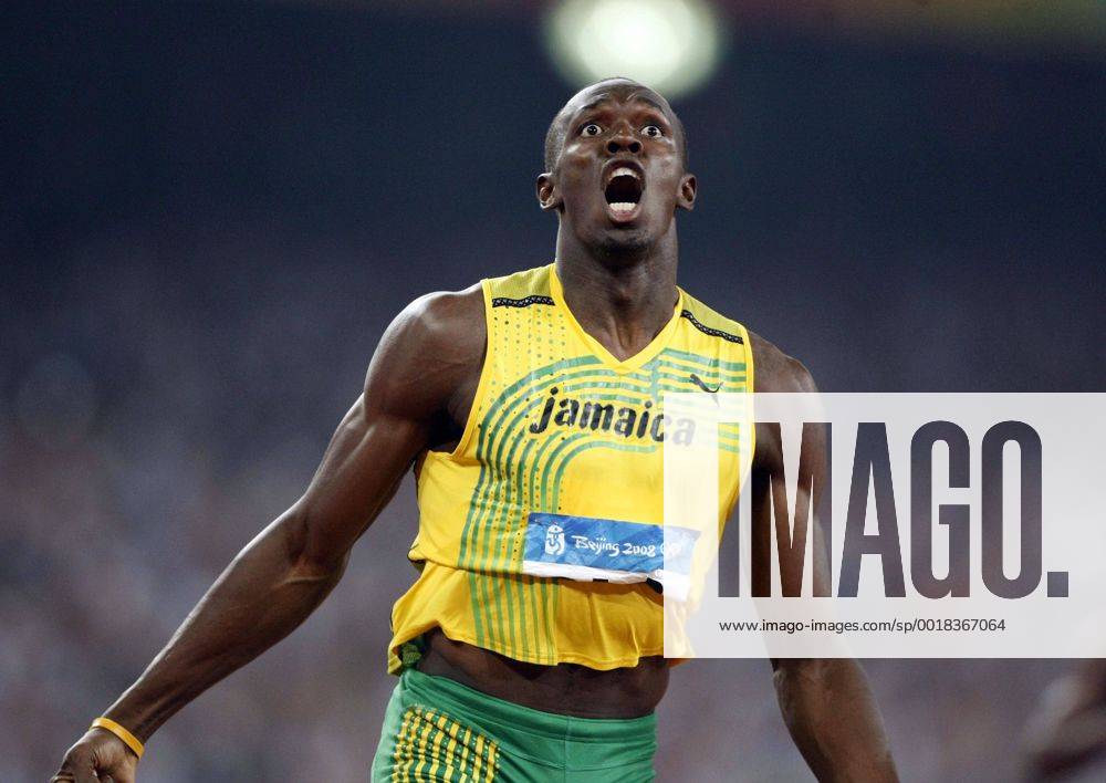 Aug. 20, 2008 - Usain Bolt of Jamaica celebrates a gold medal and world record in the 200 meters on Wednesday, August 20, 2008, in the Games of the XXIX Olympiad in Beijing, China. (Tom Fox Dallas Morning News MCT) News Archive - Aug. 20, 2008 - ZUMAm67_
