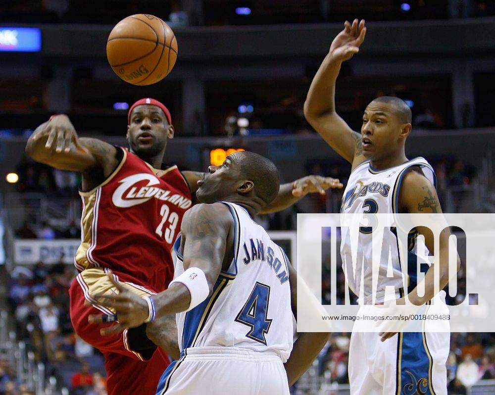 Jan. 4, 2009 - Cleveland Cavaliers LeBron James (23) loses control of the ball while being guarded by Washington Wizards Antawn Jamison (4) and Caron Bultler (3) during their game played at the Verizon Center in Washington, D.C., Sunday, January 4, 2009. (Harry E. Walker MCT) News Archive - Jan. 4, 2009 - ZUMAm67_
