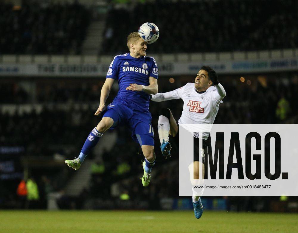 Andre Schurrle of Chelsea tussles with Omar Mascarell of Derby County - Capital One Cup Quarter Final - Derby vs Chelsea - iPro Stadium - Derby - England - 16th December 2014 - Picture Simon Bellis Sportimage .