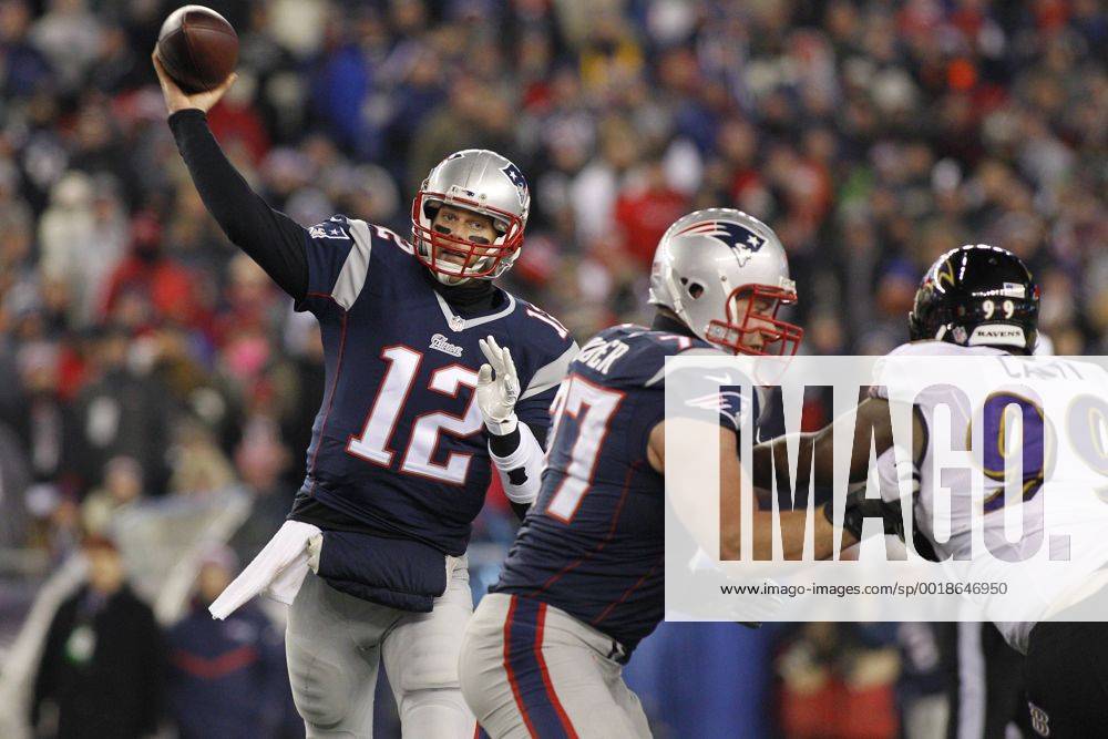 New England Patriots quarterback Tom Brady (12) throws a pass in the second quarter of the AFC Divisional Playoff game against the Baltimore Ravens at Gillette Stadium in Foxborough, Massachusetts on January 10, 2015. Photo by Matthew Healey UPI BOS2015011008 MATTHEWxHEALEY