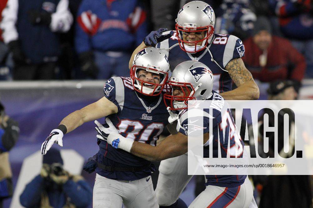 New England Patriots wide receiver Brian Tyms (84) and running back Shane Vereen (34) congratulate wide receiver Danny Amendola (80) after his 51-yard touchdown reception by on an option pass in the third quarter of the AFC Divisional Playoff game against the Baltimore Ravens at Gillette Stadium in Foxborough, Massachusetts on January 10, 2015. The Patriots defeated the Ravens 35-31. Photo by Matthew Healey UPI BOS2015011015 MATTHEWxHEALEY