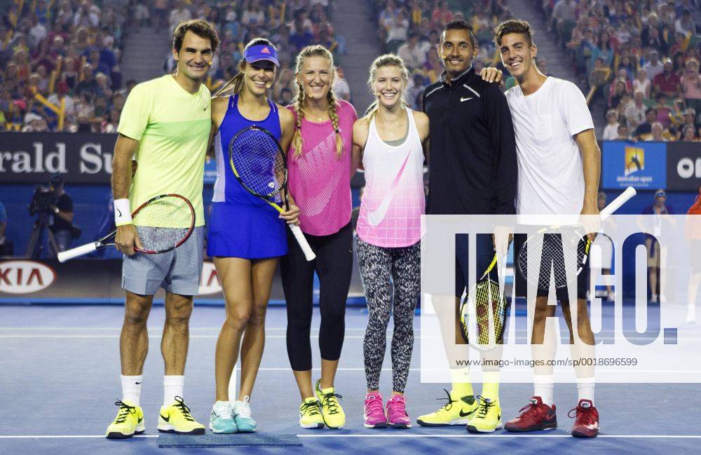 TENNIS - ATP Tennis Herren Australian Open 2015 MELBOURNE,AUSTRALIA,17.JAN.15 - TENNIS - ATP World Tours, Australian Open, preview, kids day exhibition. Image shows Roger Federer (SUI), Ana Ivanovic (SRB), Victoria Azarenka (BLR), Eugenie Bouchard (CAN), Nick Kyrgios (AUS) and Thanasi Kokkinakis (AUS).