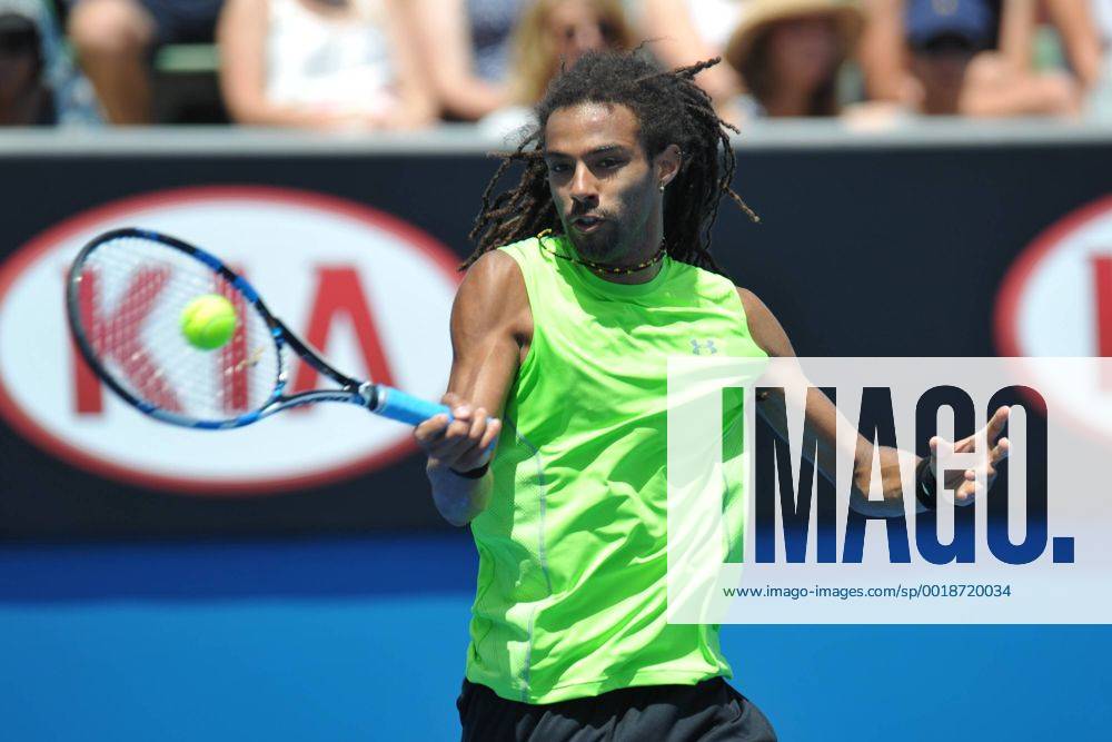 Australian Open Tennis from Melbourne Park. Dustin Brown of Germany hits a shot in his match on day one of the 2015 Australian Open at Melbourne Park, Melbourne, Australia. Limx ActionPlus11590747