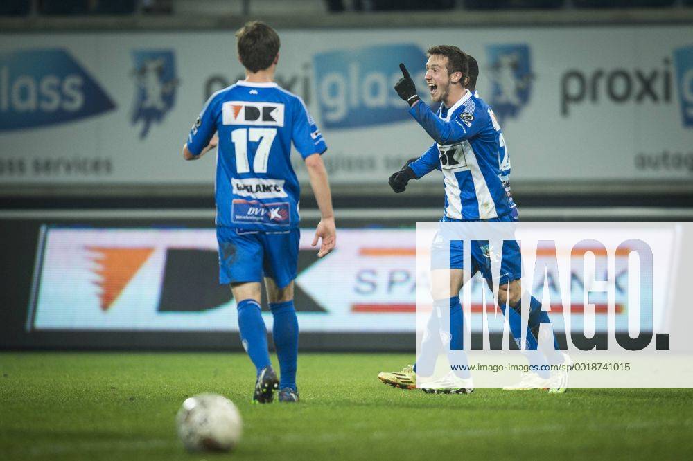 - GENT, BELGIUM: Gent s Brecht Dejaegere (R) celebrates with his teammates after scoring during a soccer game between KAA Gent and Sporting Lokeren, the return match in the 1 4th final of the Cofidis Cup, Wednesday 21 January 2015 in Gent. JASPERxJACOBS x04551679x