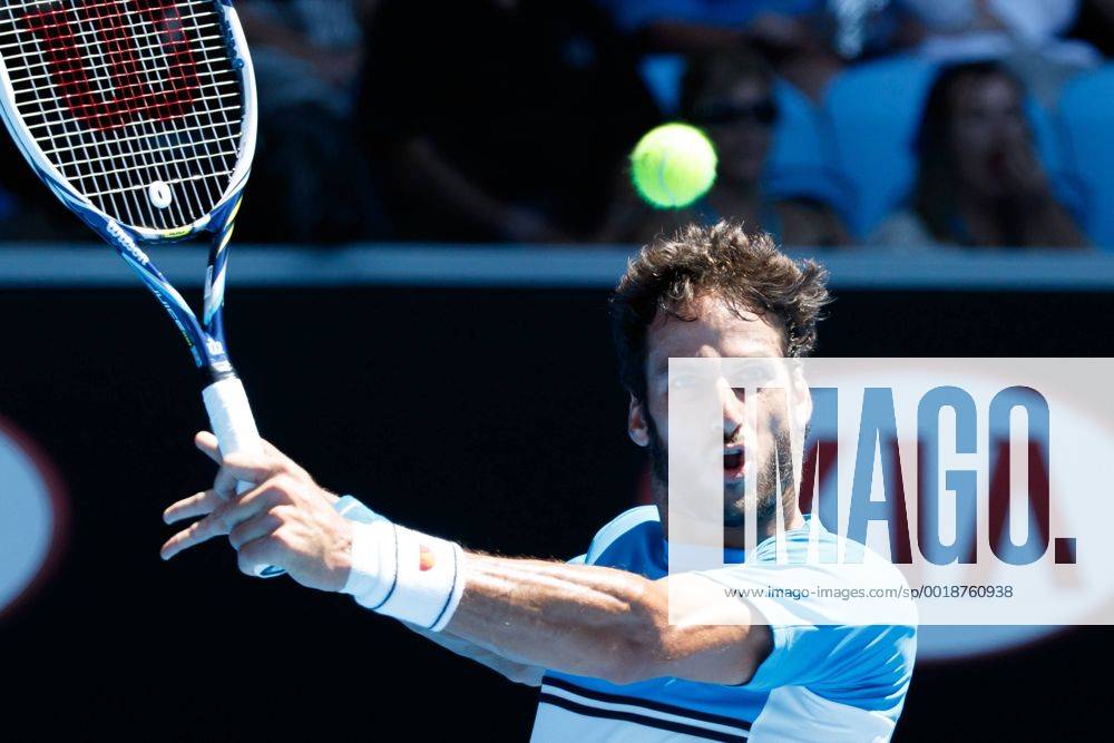 12th seed Feliciano Lopez (ESP) in action in a 3rd round match against Jerzy Janowicz (POL) on day six of the 2015 Australian Open grand slam tennis tournament at Melbourne Park in Melbourne, Australia. Sydney Low Cal Media. Tennis 2015: Australian Open JAN 24 - ZUMAc04_