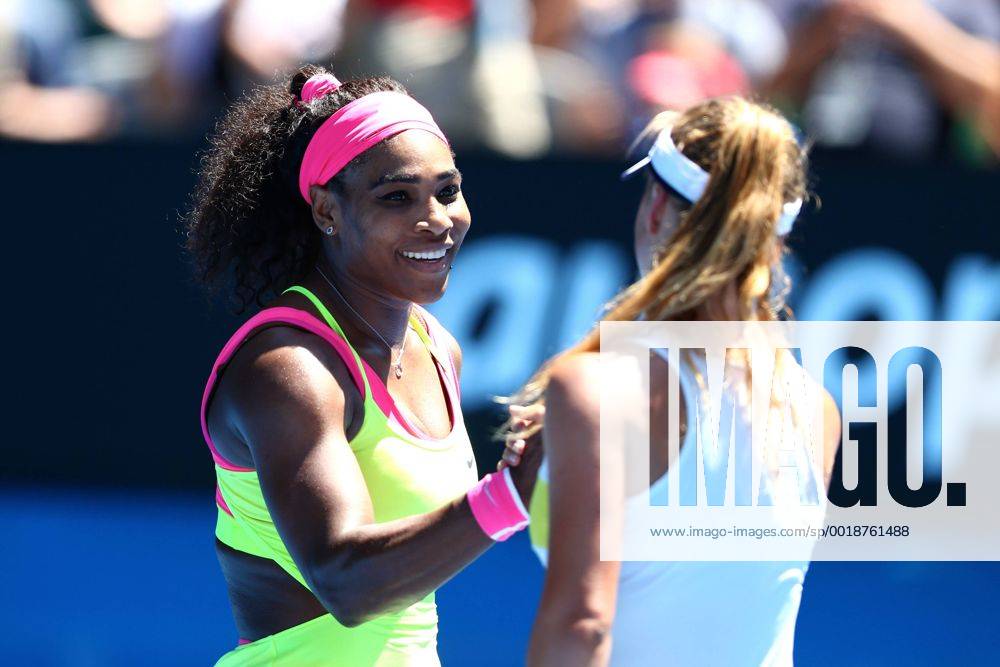 (CHINA OUT) Serena Williams of the United States shankes hands with Elina Svitolina of the Ukraine in her third round match during day six of the 2015 Australian Open at Melbourne Park on January 24, 2015 in Melbourne, Australia. CFP462231836