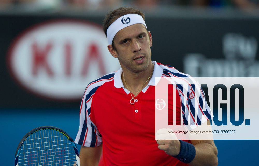 (150124) -- MELBOURNE, Jan. 24, 2015 -- Gilles Muller of Luxembourg celebrates during the men s singles third round match at the 2015 Australian Open tennis tournament at Melbourne Park in Melbourne, Australia, Jan. 24, 2015. (SP)AUSTRALIA-MELBOURNE-TENNIS-MULLER BaixXue