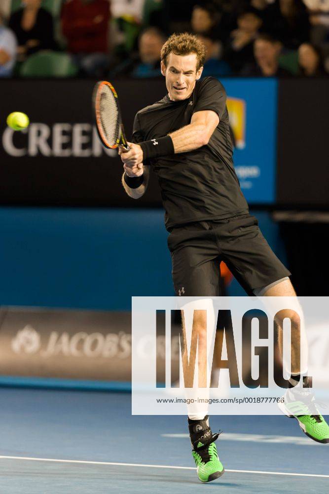 6th seed Andrew - Andy - Murray (GBR) in action in a 4th round match on day seven of the 2015 Australian Open grand slam tennis tournament at Melbourne Park in Melbourne, Australia. Tennis 2015: Australian Open JAN 25 - ZUMAc04_
