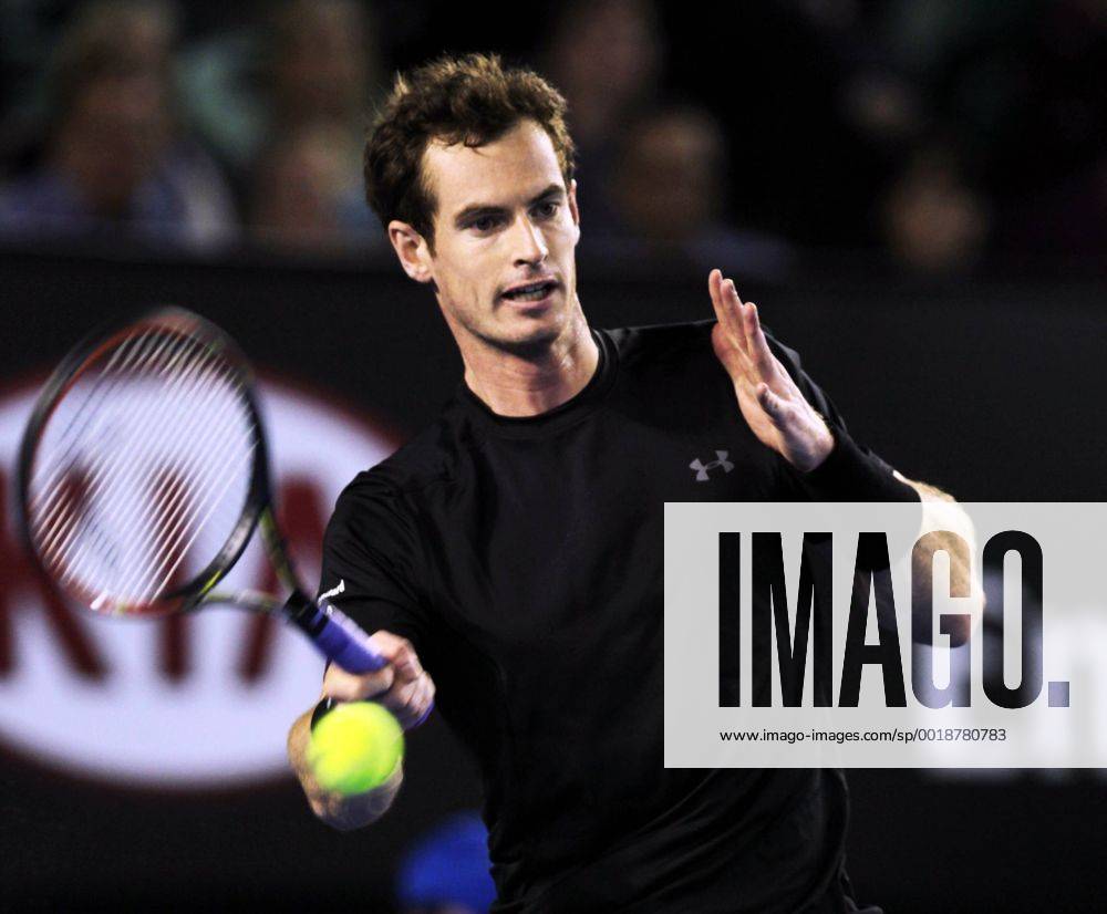 (150125) -- MELBOURNE, Jan. 25, 2015 -- Andrew - Andy - Murray of Britain reutrns a shot during his men s singles fourth round match on day seven of 2015 Australian Open tennis tournament at Melbourne Park in Melbourne, Australia, Jan. 25, 2015. JinxLinpeng
