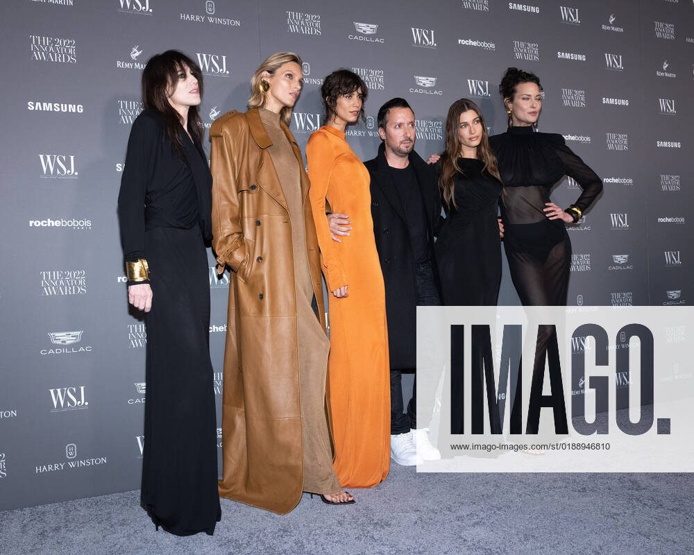 (L-R) Charlotte Gainsbourg, Anja Rubik, Mica Arganaraz, Anthony Vaccarello, Hailey Bieber, and Shalom Harlow arrive on the red carpet for the WSJ. Magazine Innovator Awards at the Museum of Modern Art in New York City on Wednesday, November 2, 2022. 1 NYP20221102566 GabrielexHoltermann