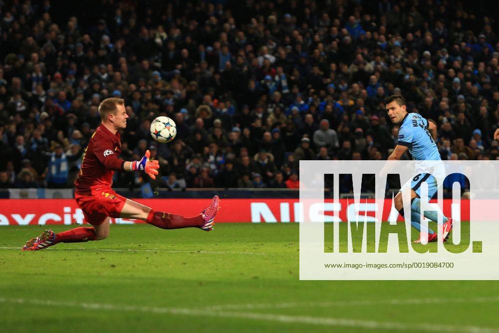 Sergio Kun Aguero of Manchester City scores his sides first goal - Manchester City vs. Barcelona - UEFA Champions League - Etihad Stadium - Manchester - .