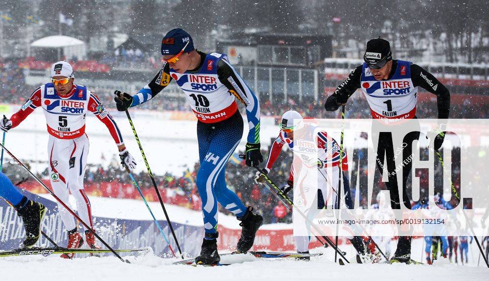 NORDIC SKIING - FIS Nordic WC Falun 2015 FALUN,SWEDEN,01.MAR.15 - NORDIC SKIING, CROSS COUNTRY SKIING - FIS Nordic World Ski Championships, 50km, men. Image shows Niklas Dyrhaug (NOR), Matti Heikkinen (FIN) and Dario Cologna (SUI).