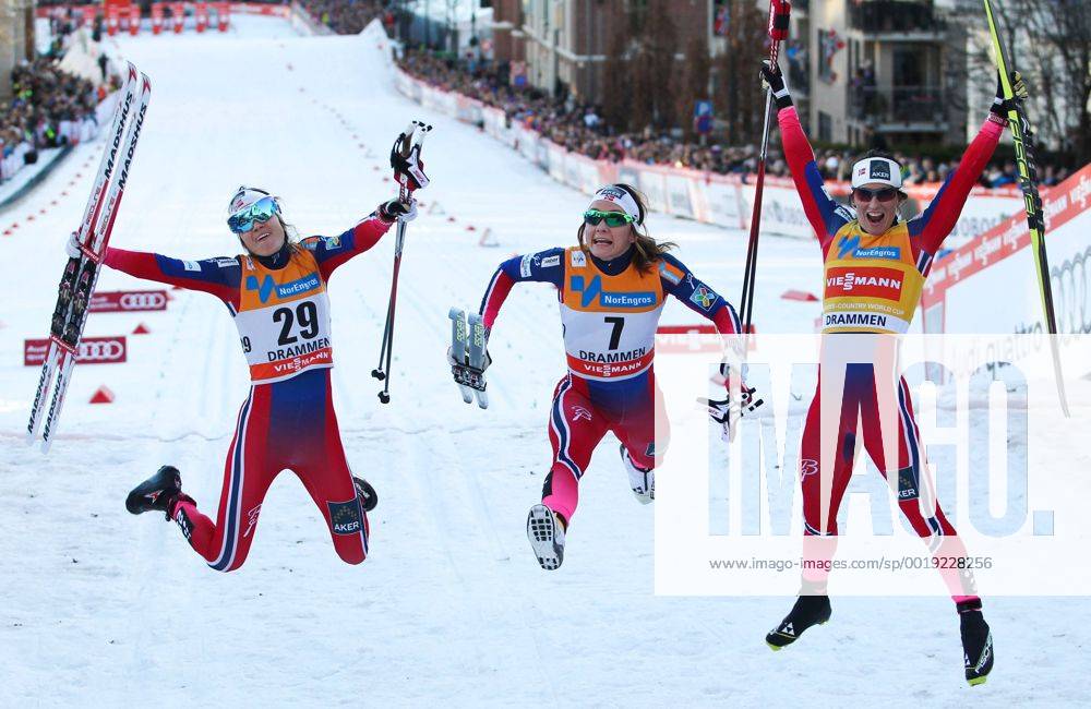 NORDIC SKIING - FIS WC Drammen DRAMMEN,NORWAY,11.MAR.15 - NORDIC SKIING, CROSS COUNTRY SKIING - FIS World Cup, sprint, ladies. Image shows the rejoicing of Heidi Weng, Maiken Caspersen Falla and Marit Bjoergen (NOR).