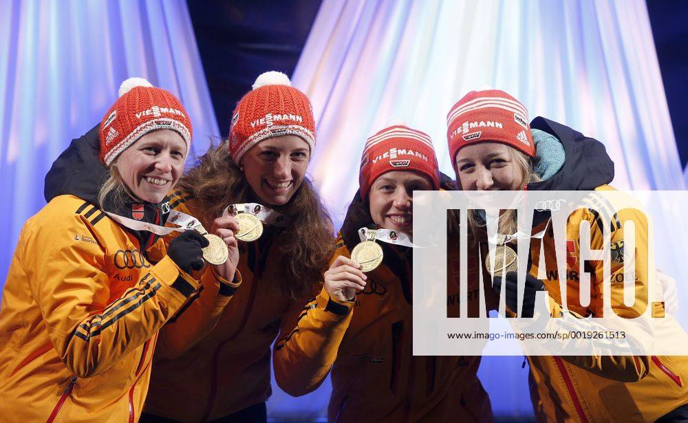 BIATHLON - IBU WC Kontiolahti 2015 KONTIOLAHTI,FINLAND,14.MAR.15 - BIATHLON - IBU World Championships, relay 4x6km, ladies, Medal Plaza, award ceremony. Image shows Franziska Hildebrand, Vanessa, Hinz, Laura Dahlmeier Franziska Preuss (GER).