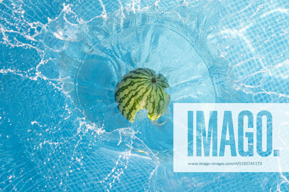 Watermelon falling into swimming pool, JAQF01044