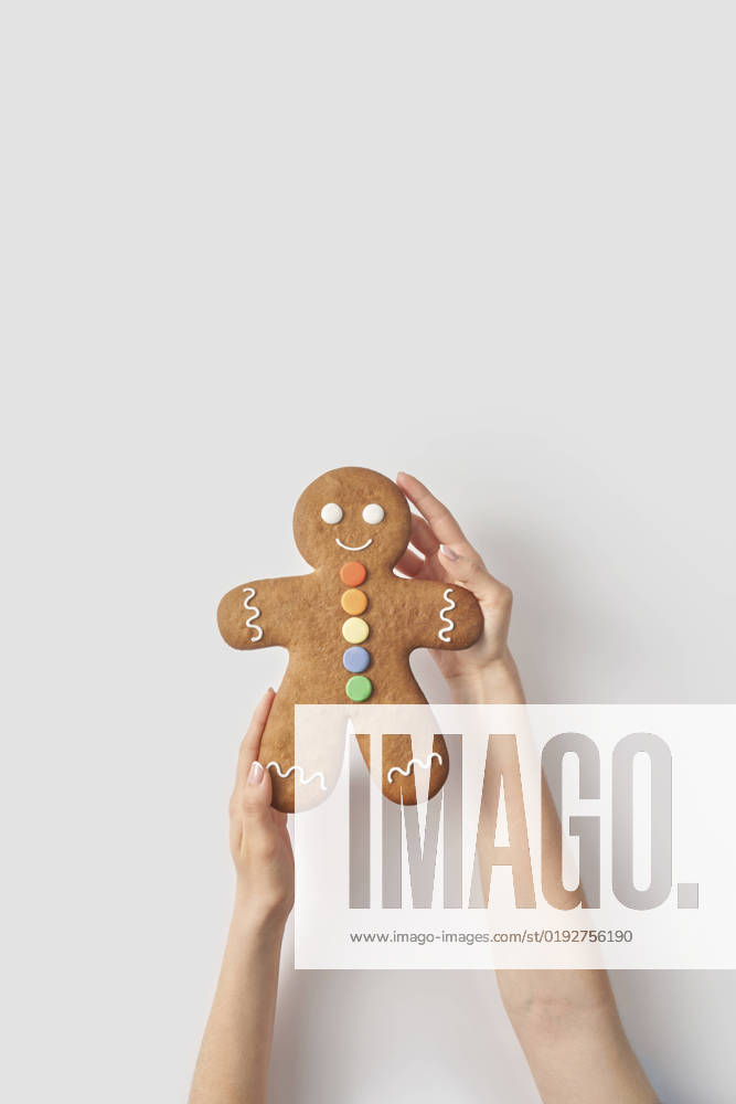 Woman holding gingerbread man cookie on white background model released, Symbolfoto, YDF00004