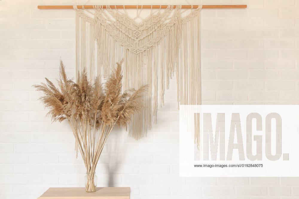 Beige reed against a white wall with a macrame wall panel. A minimal, stylish, trendy concept with a beautiful background with light neutral colors. , 35135524.jpg, art, background, beige, beige background, bohemian, boho, cozy, craft, decor, decoration, decorative, design, eco, female, floral, flower, hand, handmade, hobby, home, house, interior, knit, knot, lifestyle, living, macrame, macramo , minimalism, ornament, pastel, pattern, plant, room, rope, rustic, scandinavian, still, style, table, texture, tradition, traditional, vintage, wall, wall art, wall hanging, wall hangings, white, yellow