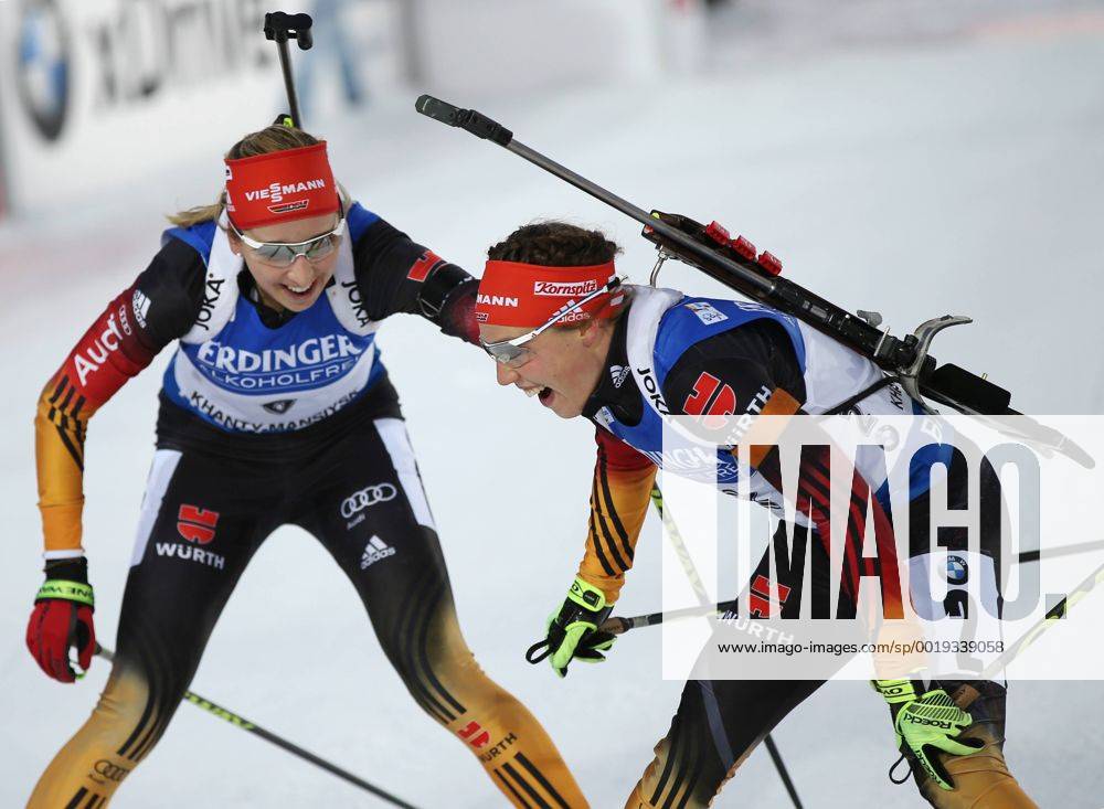 KHANTY-MANSIYSK, RUSSIA. MARCH 21, 2015. Biathletes Franziska Preuss (L) and Laura Dahlmeier of Germany seen after the women s 10 km pursuit at the 2014 15 Season IBU Biathlon World Cup stage in Khanty-Mansiysk, Russia. Evgeny Russkikh TASS RE15F1E2