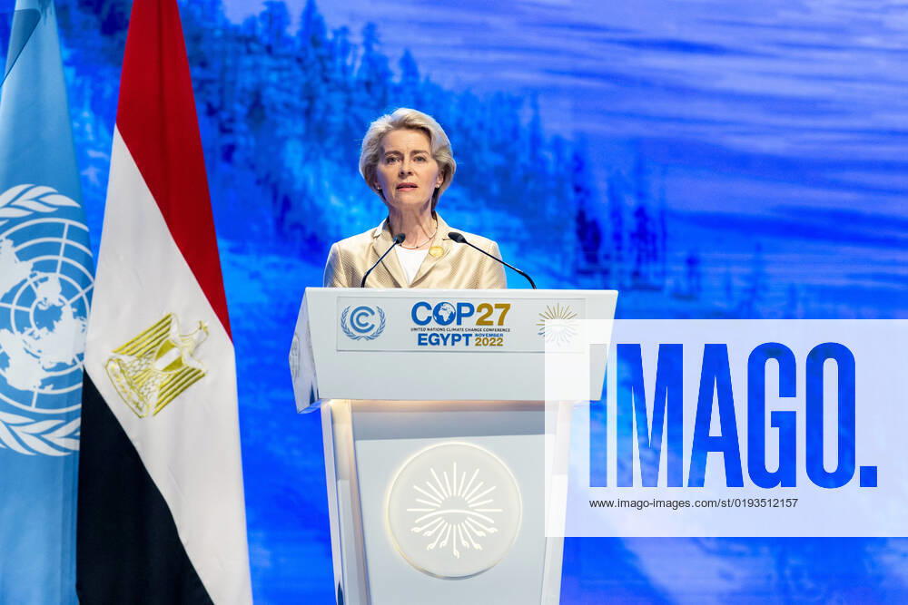 COP27 In Sharm El Sheikh - Day 3 Ursula von der Leyen, President of the European Commission delivers the statement during the High-Level Segment for Heads of State and Government summit on the third day of the COP27 UN Climate Change Conference, held by UNFCCC in Sharm El-Sheikh International Convention Center, Egypt on November 8, 2022. COP27, running from November 6 to November 18 in Sharm El Sheikh focuses on implementation of measures already agreed during previous COPs. The Conference in Sharm El Sheikh focuses also on the most vulnerable communities as the climate crisis hardens life conditions of those already most disadvantaged. Sharm El Sheikh South Sinai Egypt