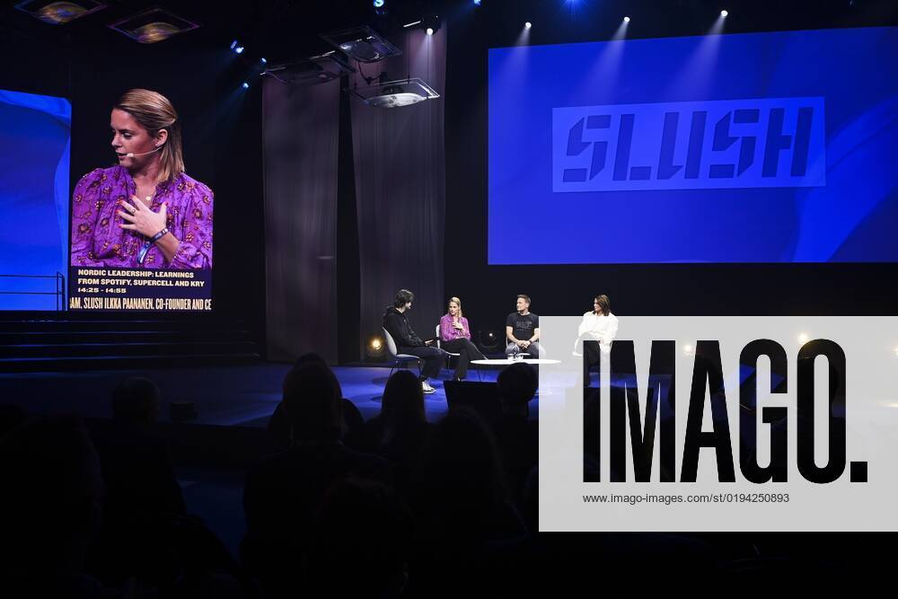 Sophia Bendz (2L), General Partner at Cherry Ventures, Ilkka Paananen, CEO and Co-founder of Supercell, and Josefine Landgard, Founder and CEO of Mantle, are interviewed on stage at the Slush 2022 Startup Event in Helsinki, Finland on November 17, 2022. Helsinki Finland