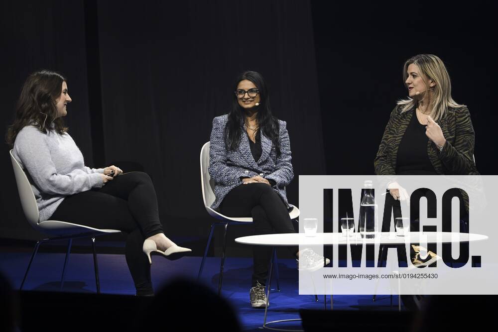 Kia Kokalitcheva (L) from Axios discusses with OnlyFans CEO Amrapali Gan and Chief Strategy and Operations Officer Keily Blair on stage at the Slush 2022 Startup Event in Helsinki, Finland on November 17, 2022. Helsinki Finland