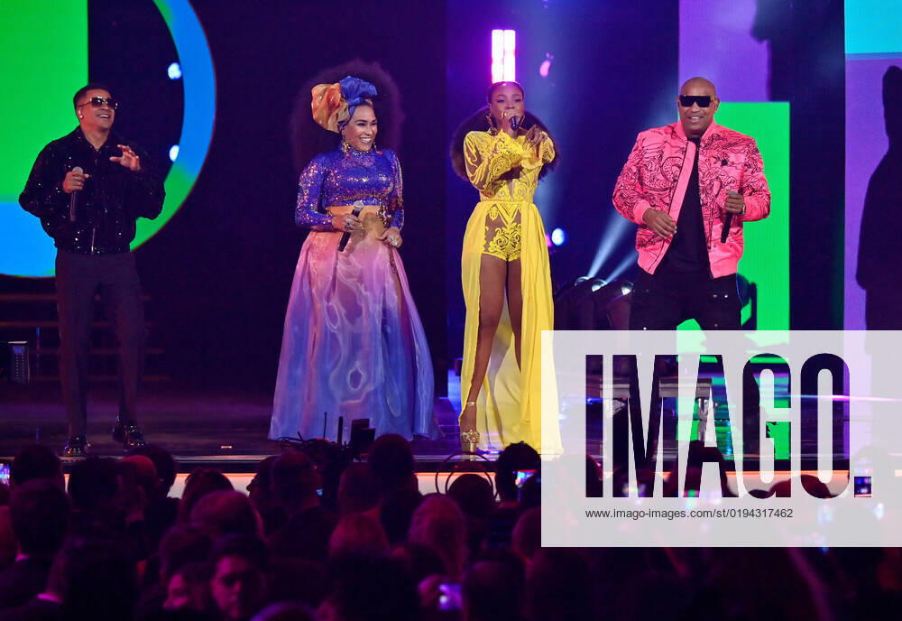 (L-R) Randy Malcom Martínez of Gente de Zona, Aymée Nuviola, Goyo, and Alexander Delgado Hernández of Gente de Zona Perform onstage during the 23rd annual Latin Grammy Awards at the Michelob Ultra Arena at Mandalay Bay Resort and Casino in Las Vegas, Nevada on Thursday, November 17, 2022. LAV20221117624 JIMxRUYMEN