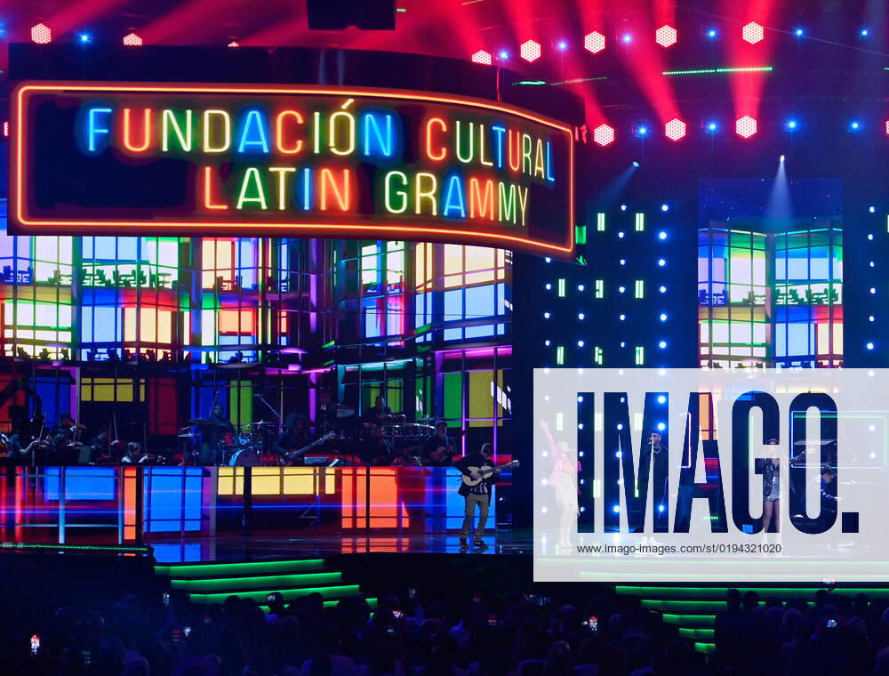 Nicky Jam (C) and participants of the Cultural Foundation perform onstage during the 23rd annual Latin Grammy Awards at the Michelob Ultra Arena at Mandalay Bay Resort and Casino in Las Vegas, Nevada on Thursday, November 17, 2022. LAV20221117635 JIMxRUYMEN