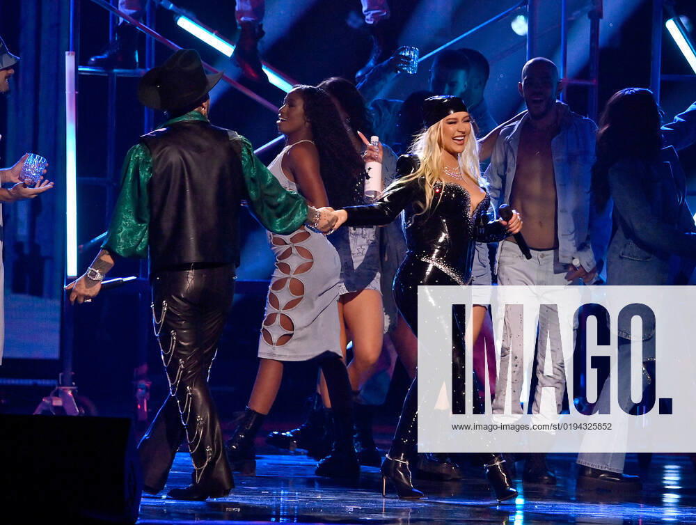 (L-R) Christian Nodal and Christina Aguilera perform onstage during the 23rd annual Latin Grammy Awards at the Michelob Ultra Arena at Mandalay Bay Resort and Casino in Las Vegas, Nevada on Thursday, November 17, 2022. LAV20221117667 JIMxRUYMEN