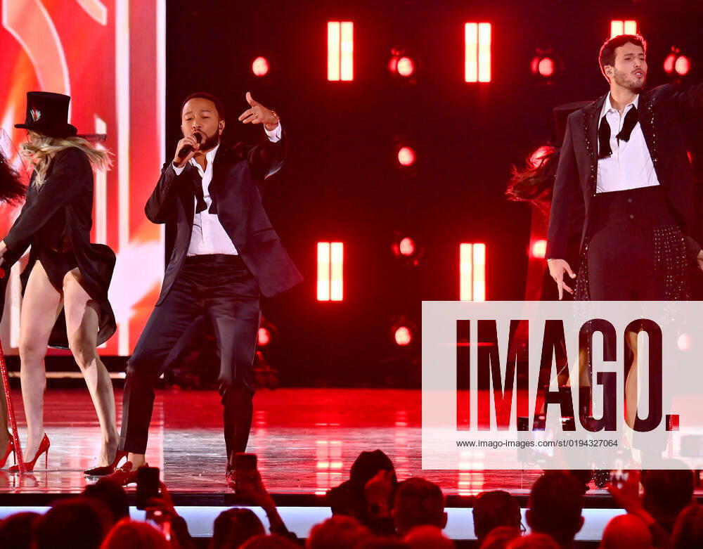 John Legend and Sebastián Yatra perform onstage during the 23rd annual Latin Grammy Awards at the Michelob Ultra Arena at Mandalay Bay Resort and Casino in Las Vegas, Nevada on Thursday, November 17, 2022. LAV20221117681 JIMxRUYMEN