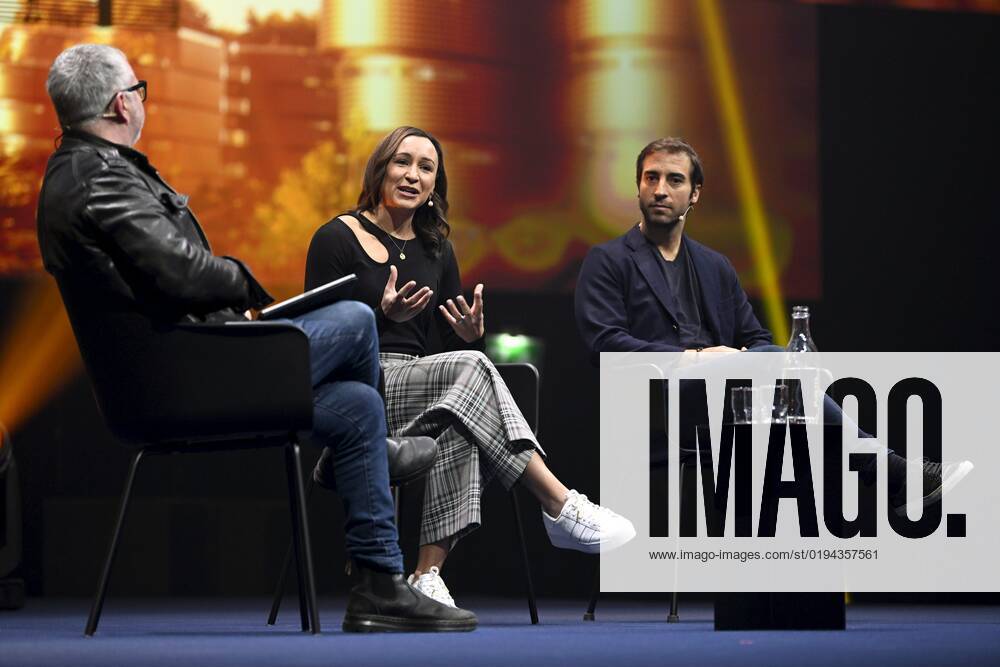 Editor-at-large of TechCrunch, Mike Butcher (left), Olympic gold medallist, Dame Jessica Ennis-Hill, founder and Co-CEO of Jennis (middle) and former arsenal footballer, Co-founder and CEO of GFBiochemicals at the Slush 2022 Startup Event in Helsinki, Finland on November 18, 2022. Helsinki Finland