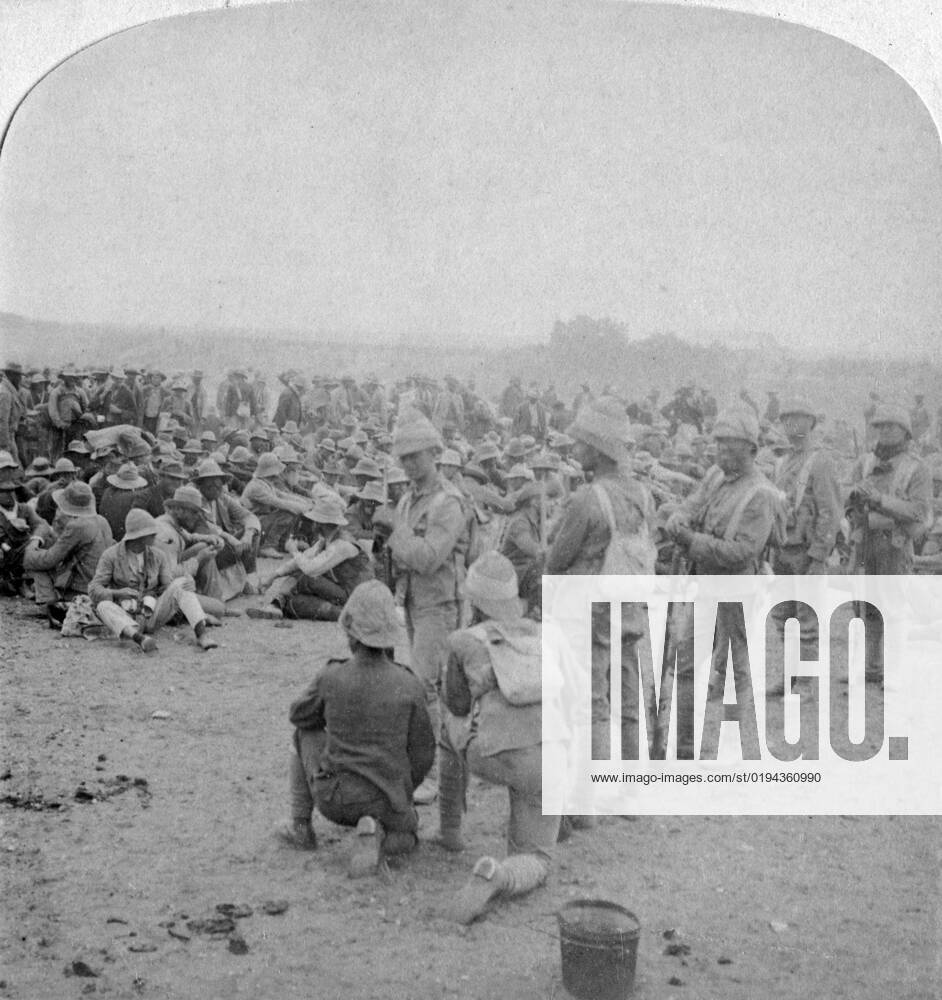 The overpowered Boer prisoners resting on the road from Paardeberg to Modder River, 1900. Artist: Underwood & Underwood