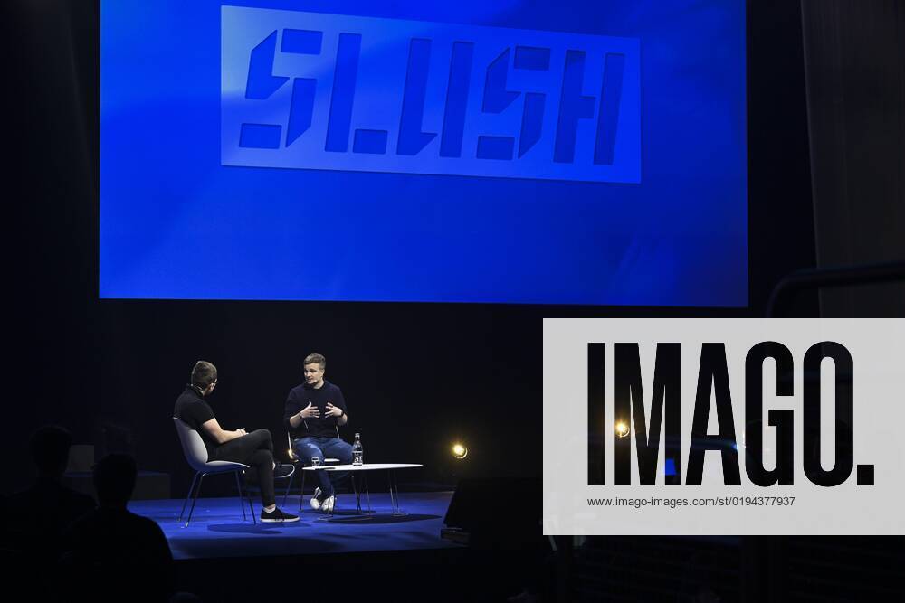 Co-founder and CEO of the Helsinki-based company Wolt (2nd right) and Founder of 20VC, Harry Stebbings (left) at the Slush 2022 Startup Event in Helsinki, Finland on November 18, 2022. Helsinki Finland