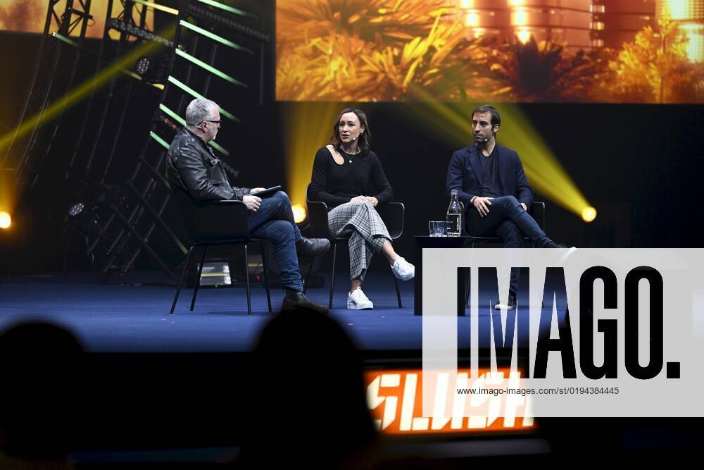 Editor-at-large of TechCrunch, Mike Butcher (left), Olympic gold medallist, Dame Jessica Ennis-Hill, founder and Co-CEO of Jennis (middle) and former Arsenal footballer, co-founder and CEO of GFBiochemicals Mathieu Flamini at the Slush 2022 Startup Event in Helsinki, Finland on November 18, 2022. Helsinki Finland