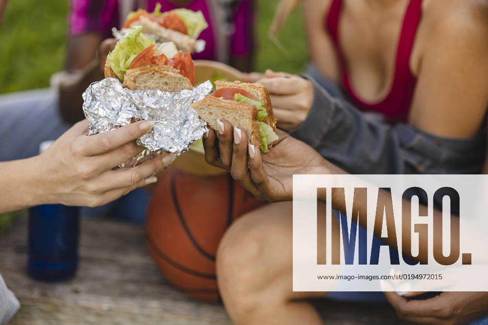 Women holding sandwich in park model released, Symbolfoto, JCCMF07924