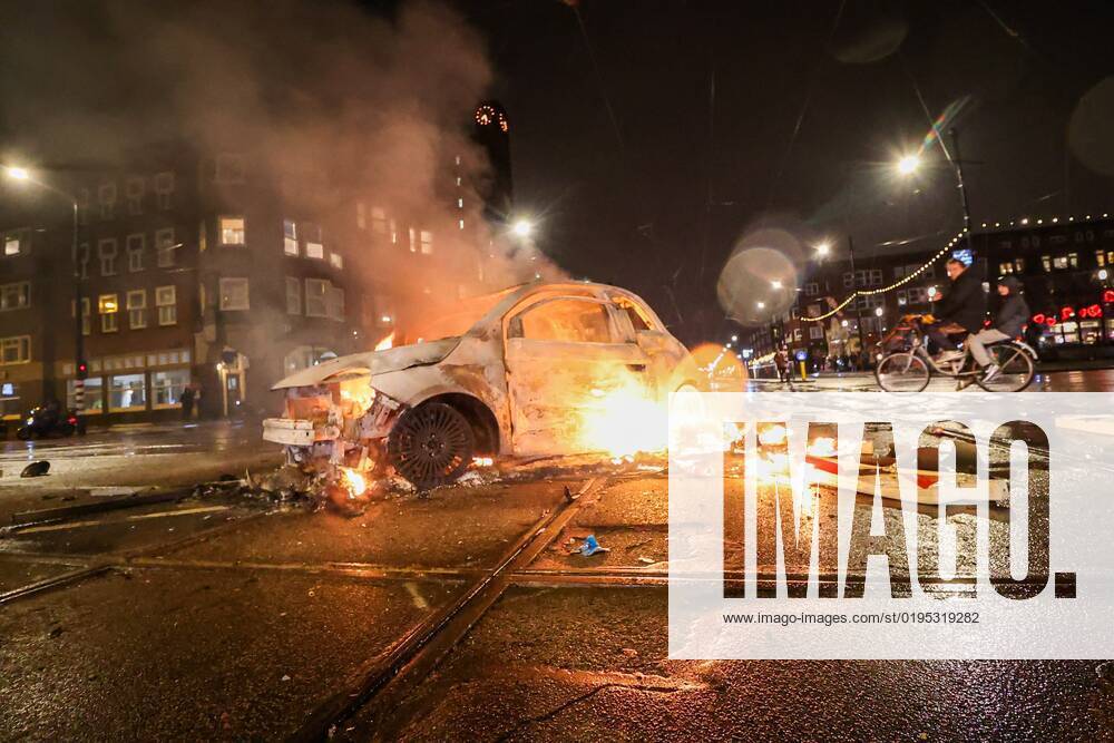 AMSTERDAM During the riots on Mercatorplein, a shared car was set on fire Heavy fireworks were also set off ANP Hollandse Hoogte NieuwsFoto nl netherlands out belgium out