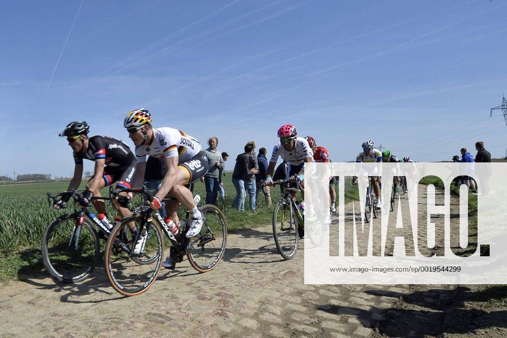 - ROUBAIX, FRANCE: German Andre Greipel of Lotto - Soudal (C) and other riders pictured in action during the Paris-Roubaix one day cycling race, 253,5 km from Compiegne to the Velodrome in Roubaix, Sunday 12 April 2015. DIRKxWAEM x04602995x