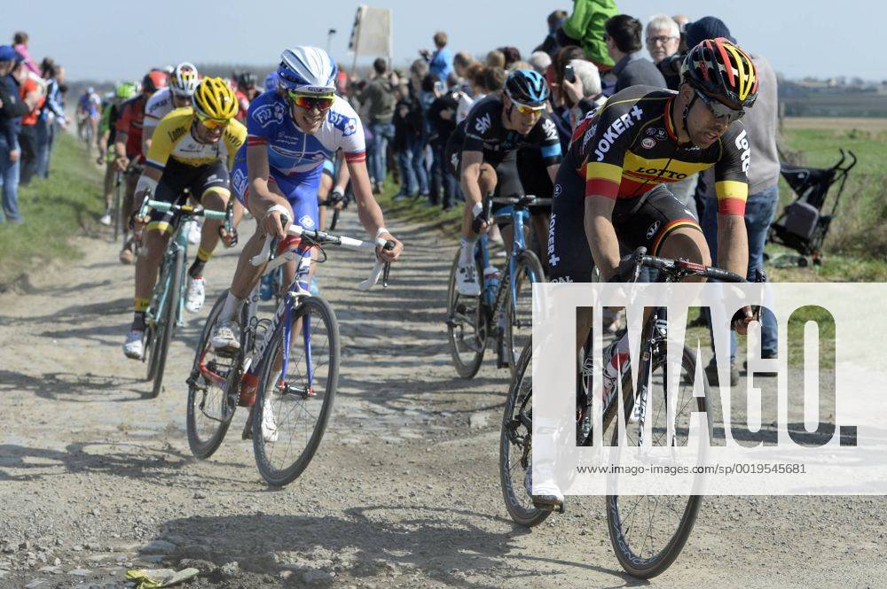 - ROUBAIX, FRANCE: Belgian Jens Debusschere of Lotto - Soudal pictured in action during the Paris-Roubaix one day cycling race, 253,5 km from Compiegne to the Velodrome in Roubaix, Sunday 12 April 2015. DIRKxWAEM x04603036x