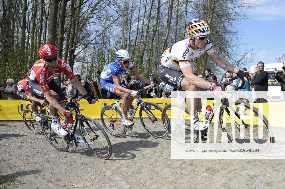 - ROUBAIX, FRANCE: German Andre Greipel of Lotto - Soudal (R) pictured in action during the Paris-Roubaix one day cycling race, 253,5 km from Compiegne to the Velodrome in Roubaix, Sunday 12 April 2015. DIRKxWAEM x04603101x