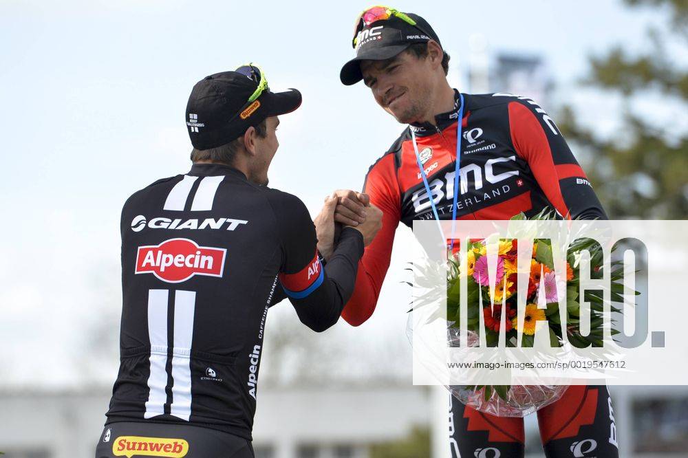 - ROUBAIX, FRANCE: German John Degenkolb of Team Giant-Alpecin and Belgian Greg Van Avermaet of BMC Racing Team pictured after the Paris-Roubaix one day cycling race, 253,5 km from Compiegne to the Velodrome in Roubaix, Sunday 12 April 2015. DIRKxWAEM x04603189x