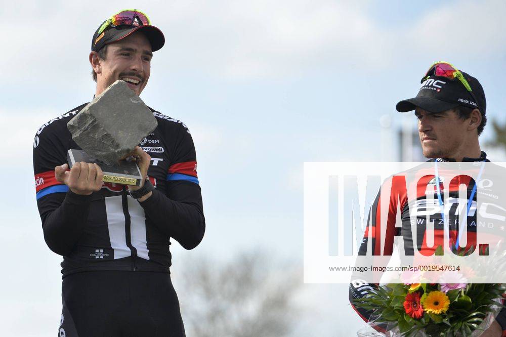 - ROUBAIX, FRANCE: German John Degenkolb of Team Giant-Alpecin and Belgian Greg Van Avermaet of BMC Racing Team pictured after the Paris-Roubaix one day cycling race, 253,5 km from Compiegne to the Velodrome in Roubaix, Sunday 12 April 2015. DIRKxWAEM x04603191x