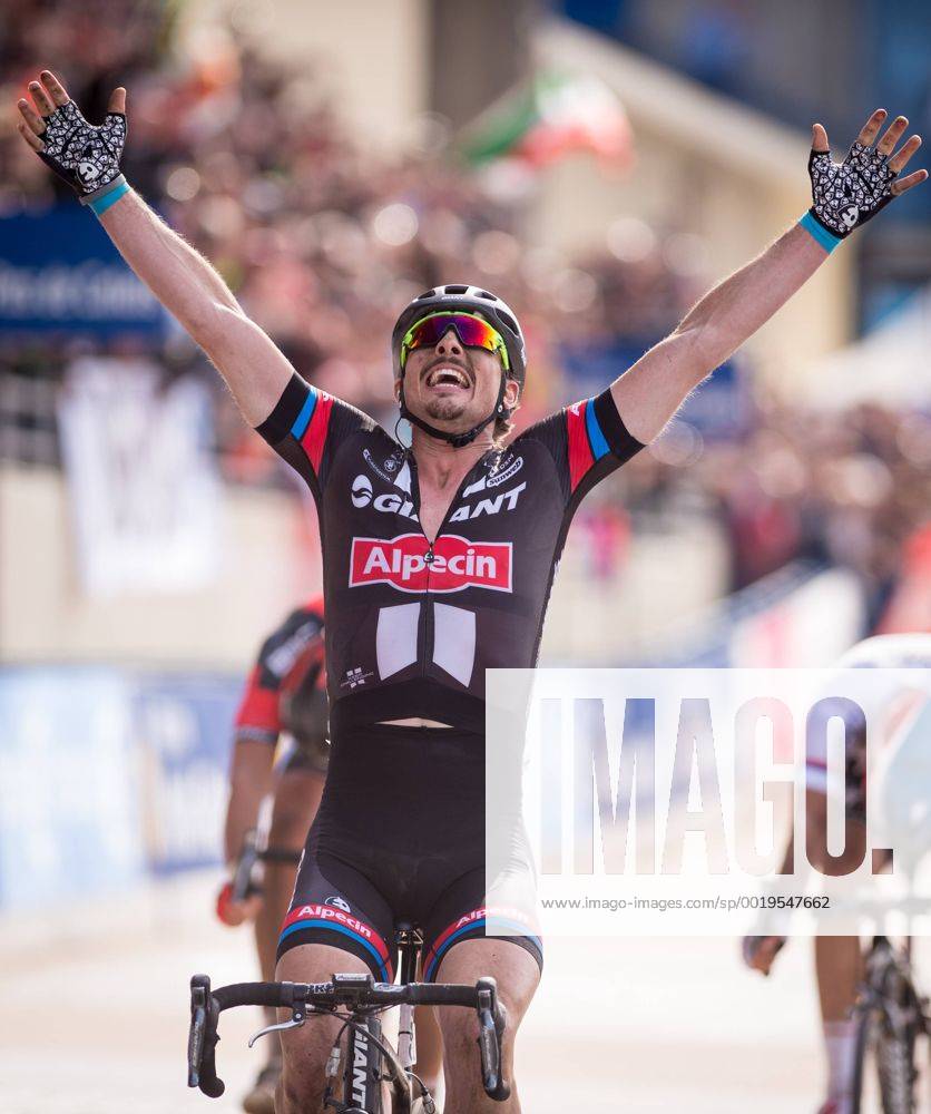 - ROUBAIX, FRANCE: German John Degenkolb of Team Giant-Alpecin celebrates after winning the Paris-Roubaix one day cycling race, 253,5 km from Compiegne to the Velodrome in Roubaix, Sunday 12 April 2015. LUCxCLAESSEN x04603178x