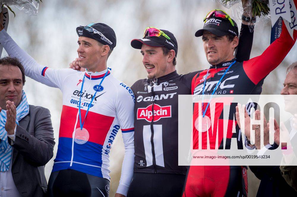 - ROUBAIX, FRANCE: Czech Zdenek Stybar of team Ettix - Quick-Step, German John Degenkolb of Team Giant-Alpecin and Belgian Greg Van Avermaet of BMC Racing Team pictured during the Paris-Roubaix one day cycling race, 253,5 km from Compiegne to the Velodrome in Roubaix, Sunday 12 April 2015. LUCxCLAESSEN x04603279x