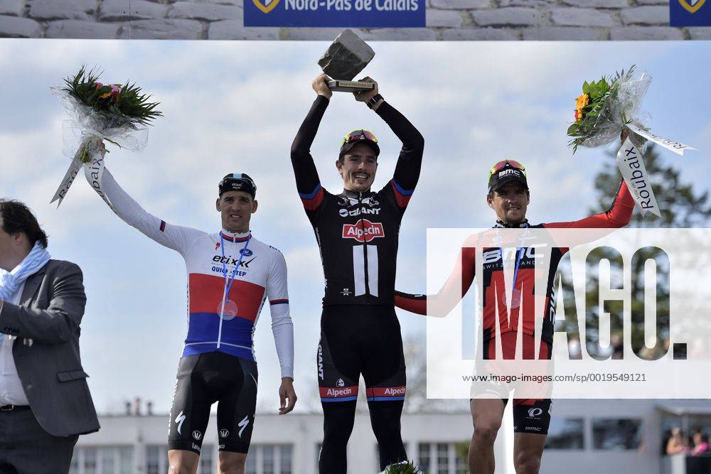 John Degenkolb (Team Giant - Alpecin), Zdenek Stybar (Team Etixx - Quick Step) and Greg Van Avermaet (BMC Racing Team) during the podium ceremony CYCLISME : Paris Roubaix - 12 04 2015 Photonews Panoramic