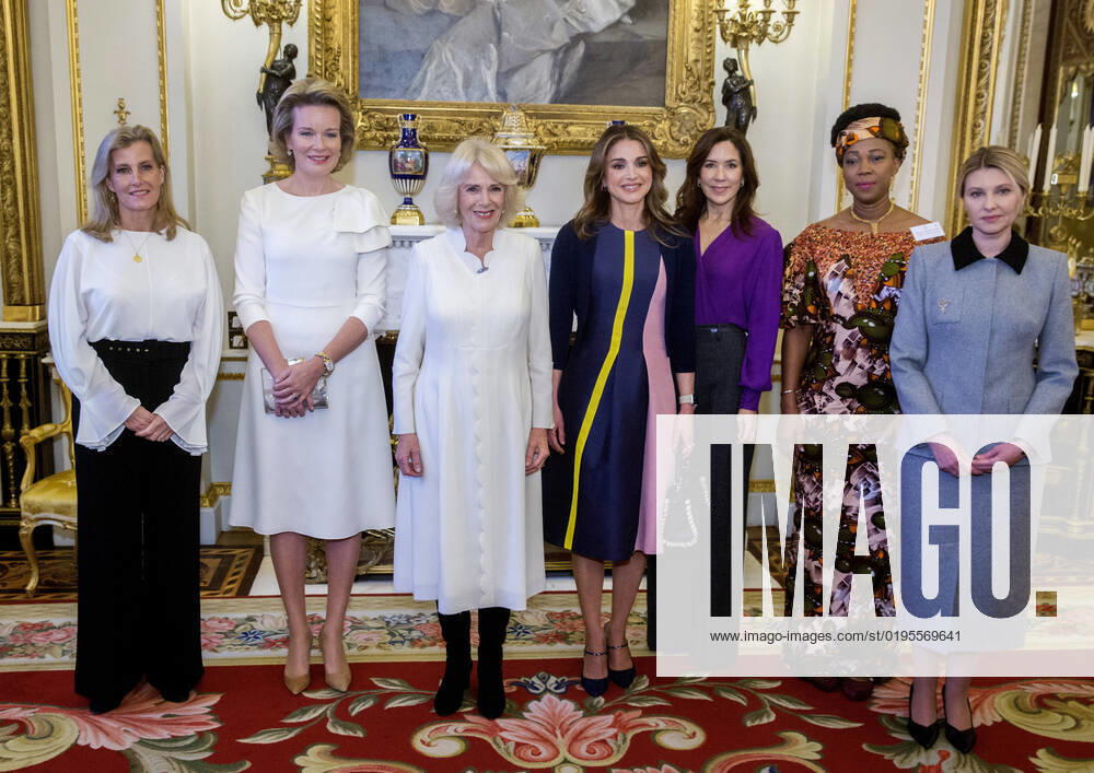 Britain Sophie, the Countess of Wessex, Queen Mathilde of Belgium, Queen Consort Camilla, Queen Rania of Jordan, Danish Crown Princess Mary, Sierra Leone First Lady Fatima Maada Bio, Ukraine First Lady Olena Zelenska pose during a reception to raise awareness of violence against women and girls as part of the UN 16 days of Activism against Gender-Based Violence, at Buckingham Palace in London. Â