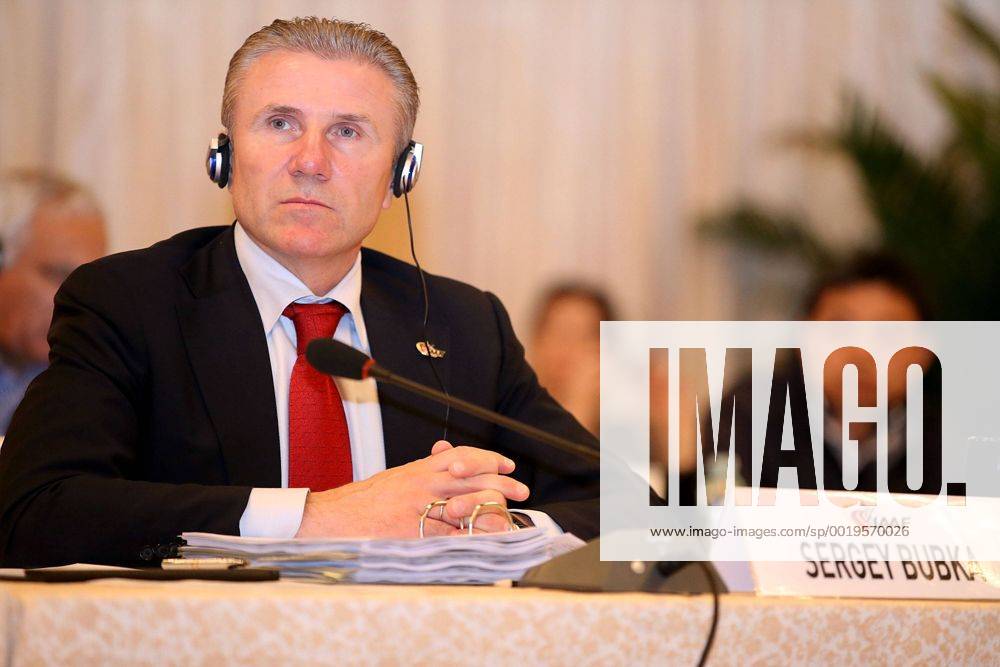 (150415) -- BEIJING, April 15, 2015 -- International Association of Athletics Federations (IAAF) Vice President Sergey Bubka reacts during the opening ceremony of the 198th IAAF Council Meeting held in Beijing, capital of China, on April 15, 2015. ) (SP)CHINA-BEIJING-IAAF-COUNCIL MEETING-OPEN (CN) LixMing