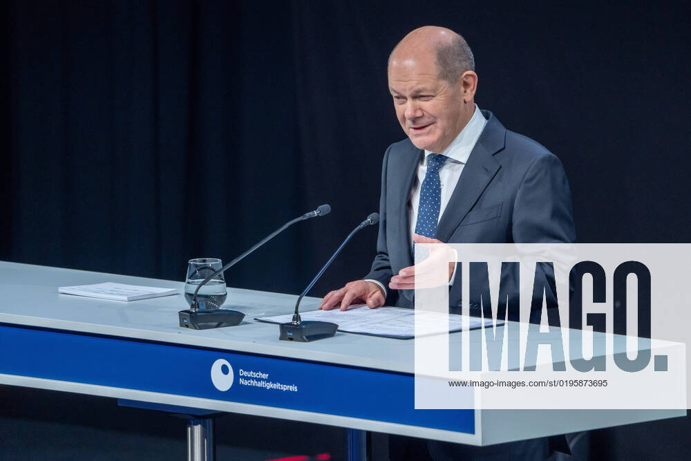 15 German Sustainability Award in Duesseldorf Olaf Scholz the Chancellor of the Federal Republic of Germany in portrait during his speech at the 15 German Sustainability Award in the Maritim Hotel in Duesseldorf Duesseldorf North Rhine Westphalia Germany