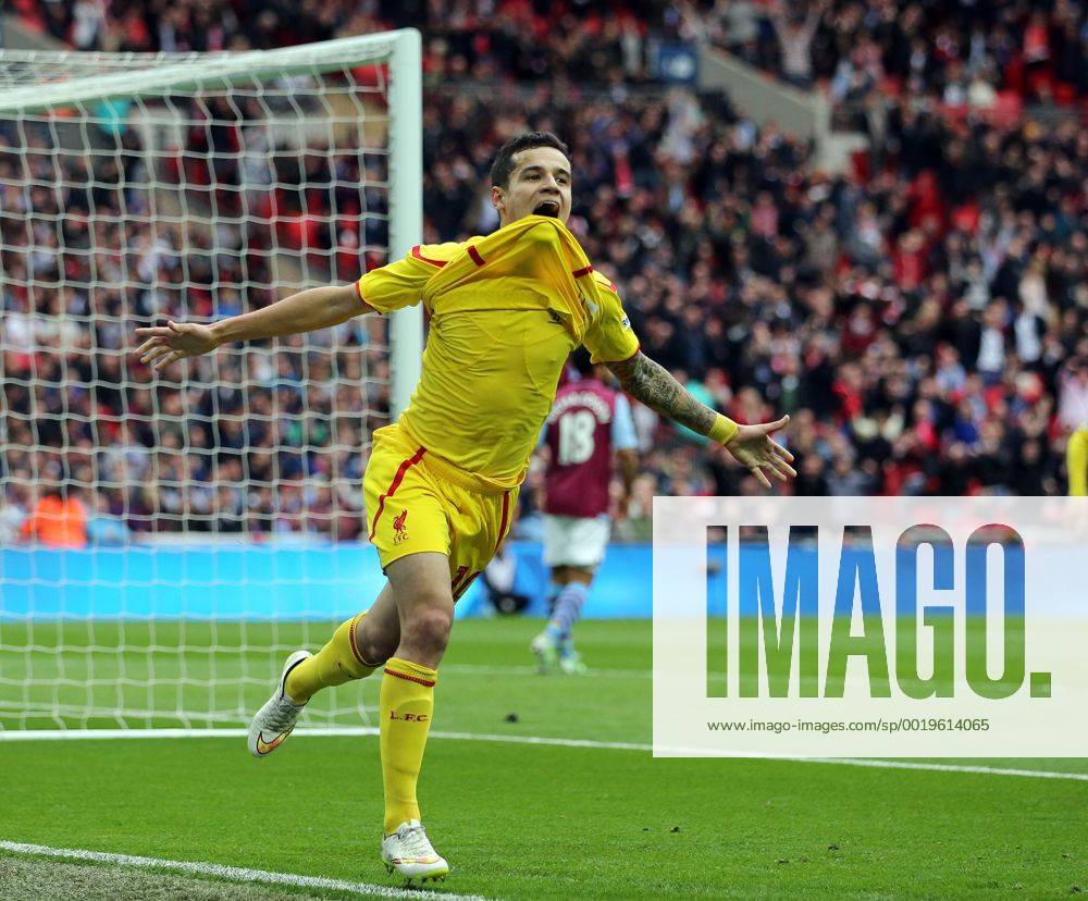 Liverpool s Philippe Coutinho celebrates scoring his sides opening goal The FA Cup - Semi Final- Aston Villa vs Liverpool - Wembley - England - 19th April 2015 - Picture David Klein Sportimage .