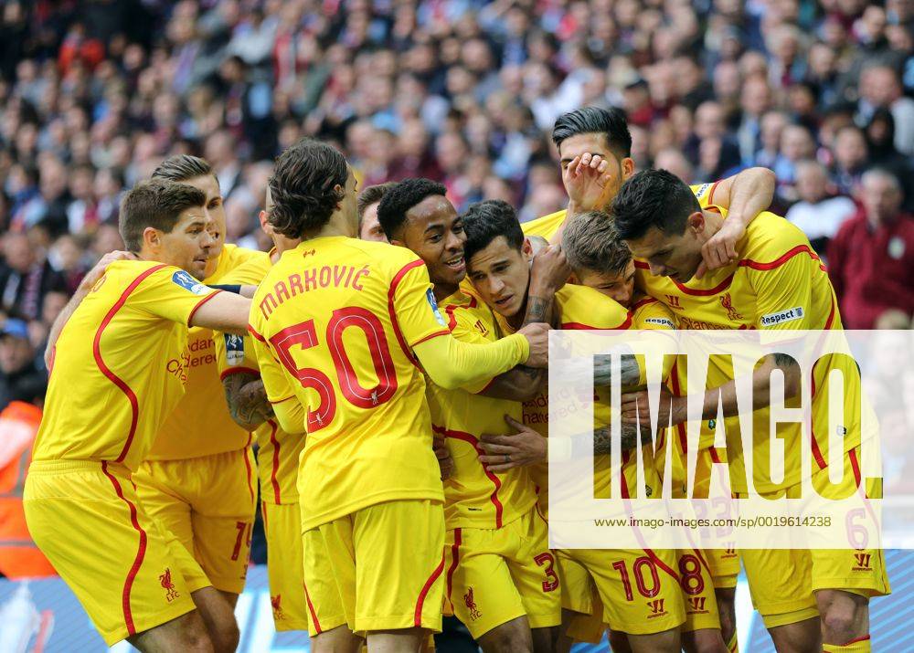Liverpool s Philippe Coutinho celebrates scoring his sides opening goal The FA Cup - Semi Final- Aston Villa vs Liverpool - Wembley - England - 19th April 2015 - Picture David Klein Sportimage .