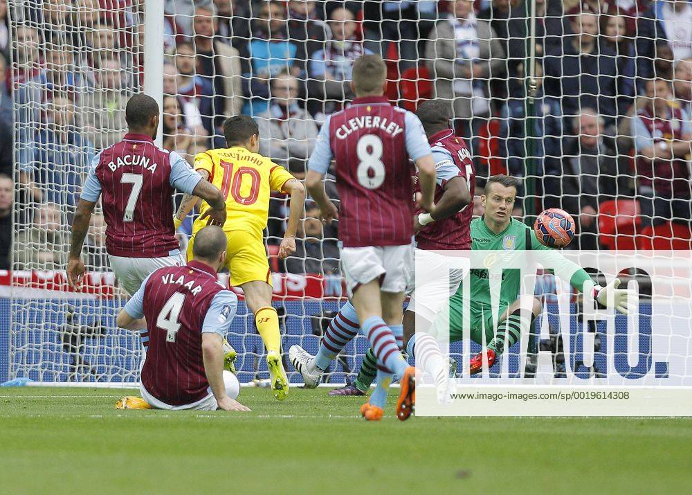 Phillippe Coutinho scoring the first goal of the game for Liverpool - Football - FA Cup semi-final - Aston Villa vs Liverpool - Wembley Stadium London - Season 2014 15 - 19th April 2015 - Photo Malcolm Couzens Sportimage .